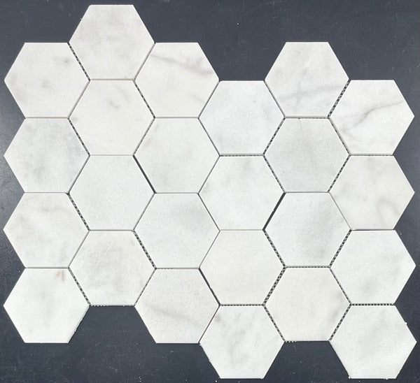 Glacial White 4" Hexagon Mosaic Honed