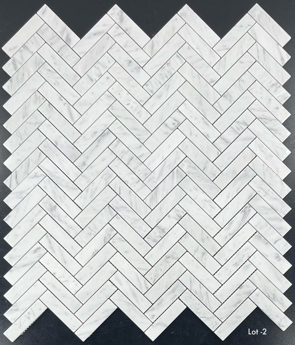 Bianco Carrara 1" x 4" Herringbone Mosaic Polished - Elon Tile & Stone