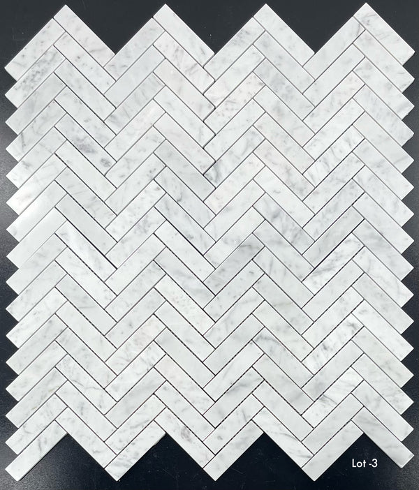 Bianco Carrara 1" x 4" Herringbone Mosaic Polished - Elon Tile & Stone