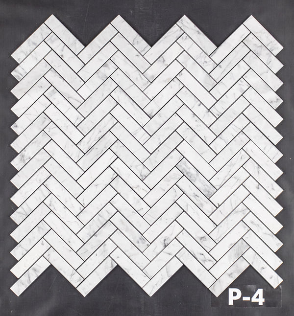 Bianco Carrara 1" x 4" Herringbone Mosaic Polished - Elon Tile & Stone