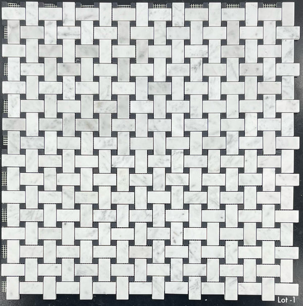 Bianco Carrara Basketweave with 3/8" Black Dot Mosaic Honed