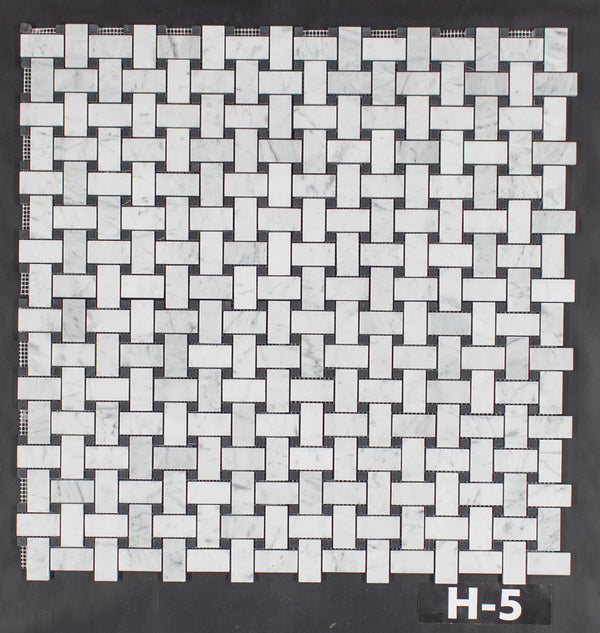 Bianco Carrara Basketweave with 3/8" Black Dot Mosaic Honed