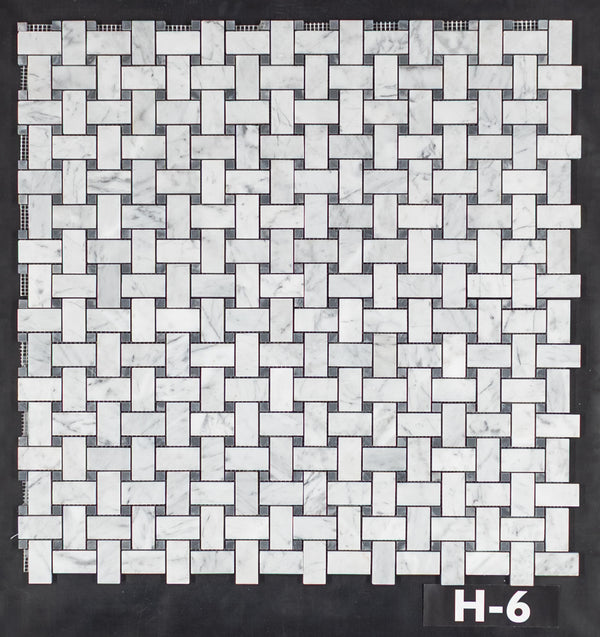Bianco Carrara Basketweave with 3/8" Black Dot Mosaic Honed