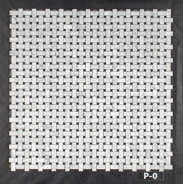 Bianco Carrara Basketweave with 3/8" Black Dot Mosaic Polished - Elon Tile & Stone
