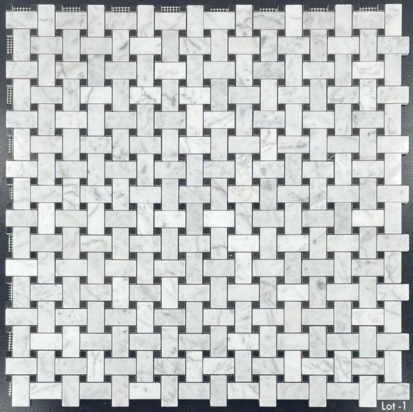 Bianco Carrara Basketweave with 3/8" Black Dot Mosaic Polished - Elon Tile & Stone