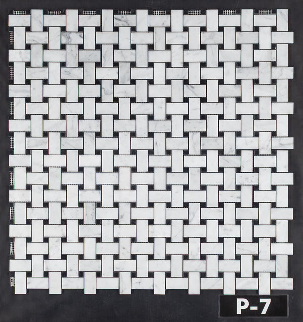 Bianco Carrara Basketweave with 3/8" Black Dot Mosaic Polished - Elon Tile & Stone