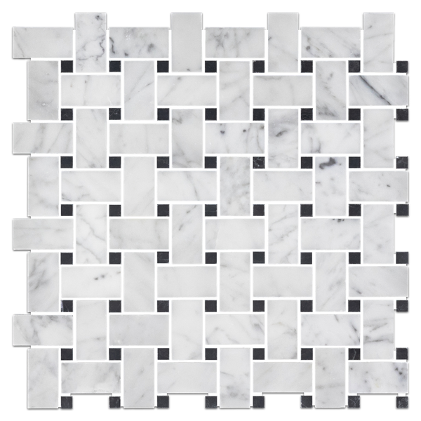 Bianco Carrara Basketweave with 3/8" Black Dot Mosaic Polished - Elon Tile & Stone