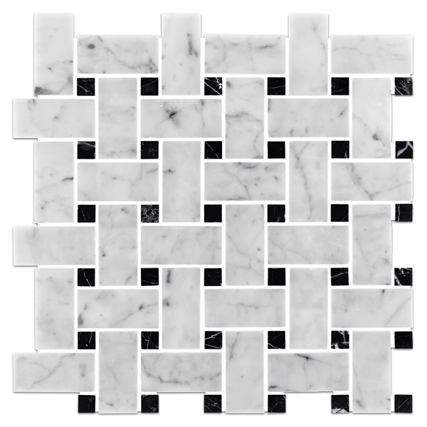 Bianco Carrara Basketweave with 5/8" Black Dot Mosaic Polished - Elon Tile & Stone