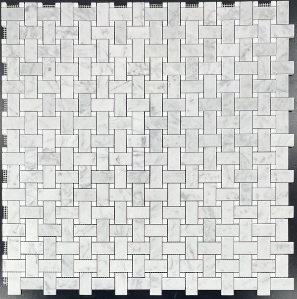 Bianco Carrara Basketweave with 3/8" White Thassos Dot Mosaic Honed