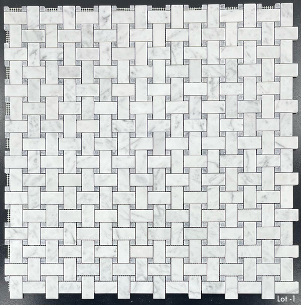 Bianco Carrara Basketweave with 3/8" Pacific Gray Dot Mosaic Honed