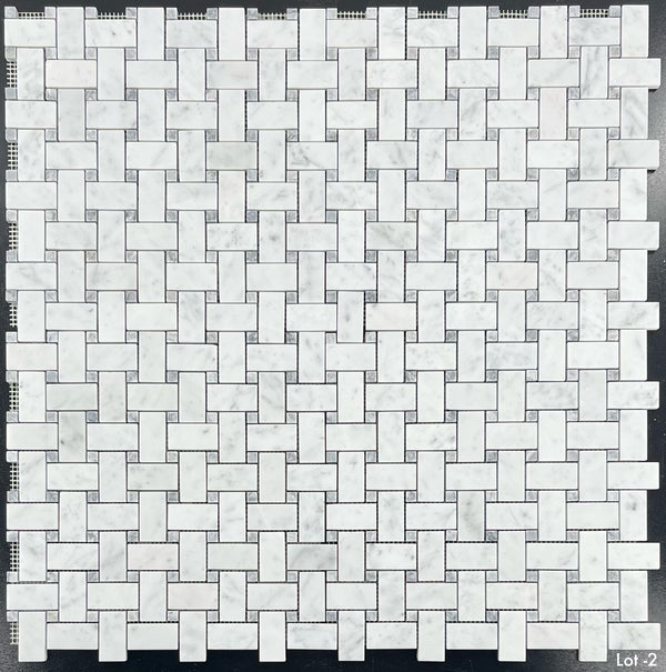 Bianco Carrara Basketweave with 3/8" Pacific Gray Dot Mosaic Honed