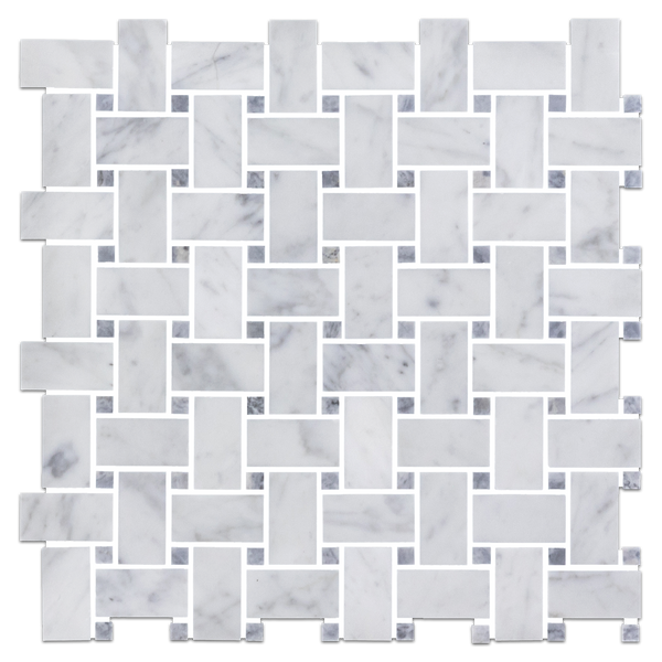 Bianco Carrara Basketweave with 3/8" Pacific Gray Dot Mosaic Honed