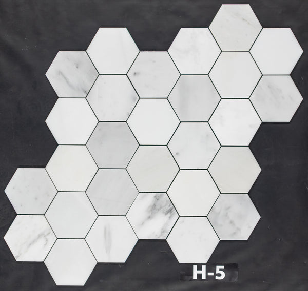 Mosaico hexagonal blanco perla de 5" pulido