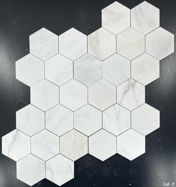 Mosaico hexagonal blanco perla de 5" pulido