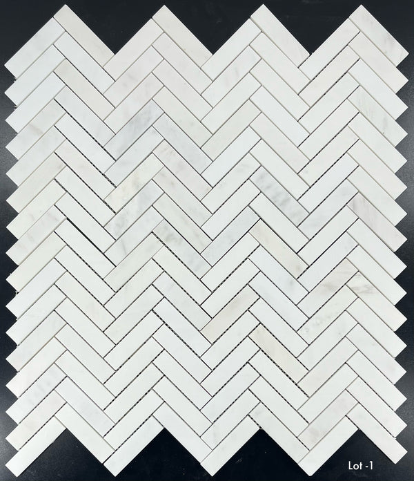 Pearl White 1" x 4" Herringbone Mosaic Honed