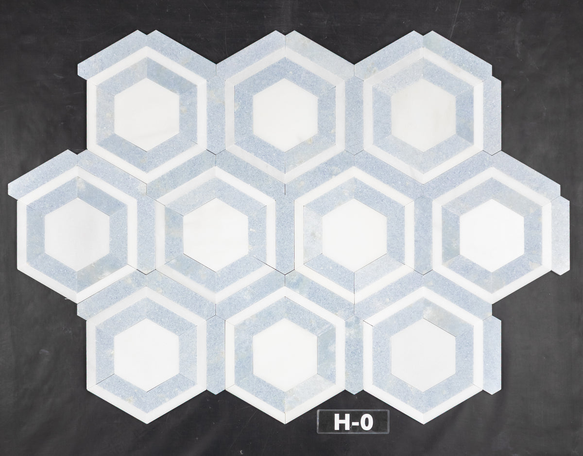 White Absolute Honeycomb with Blue Celeste Mosaic Honed – Elon