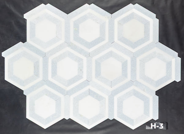 White Absolute Honeycomb with Blue Celeste Mosaic Honed