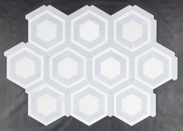 White Absolute Honeycomb with Blue Celeste Mosaic Honed