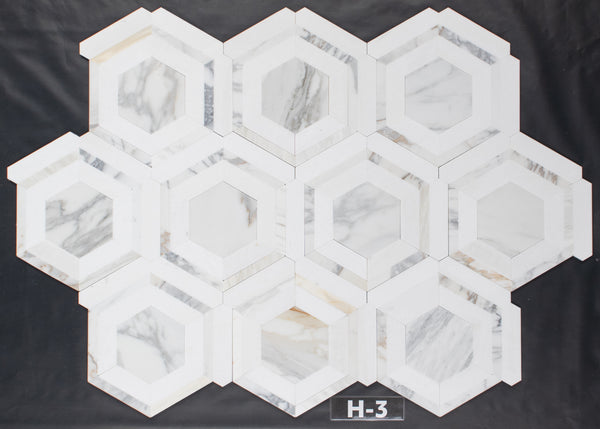 Calacatta Gold Honeycomb with White Thassos Mosaic Honed