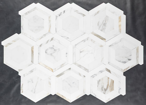 Calacatta Gold Honeycomb with White Thassos Mosaic Honed