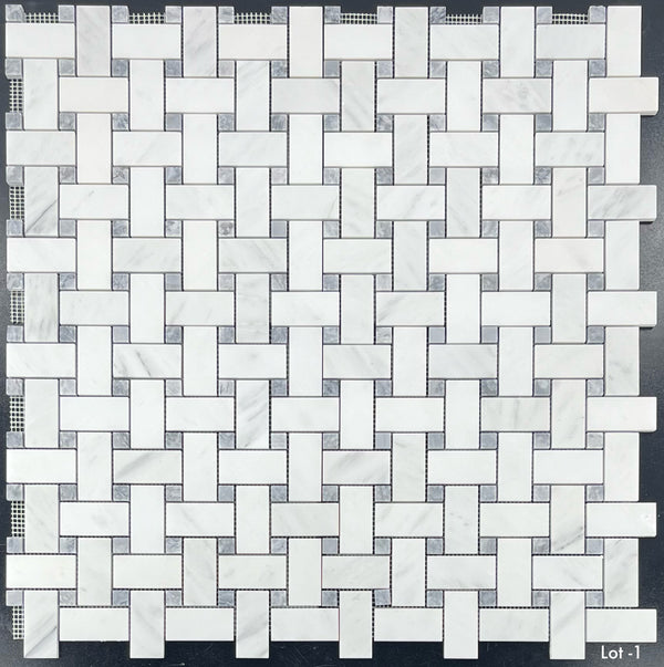 Pearl White Basketweave with 5/8" Pacific Gray Dot Mosaic Honed