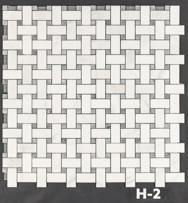 Pearl White Basketweave with 5/8" Pacific Gray Dot Mosaic Honed