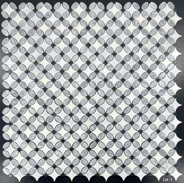 Pacific Gray Fleur with Pearl White and Black Dot Mosaic Polished - Elon Tile & Stone