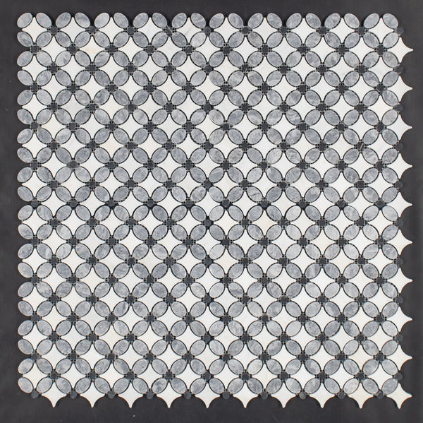 Pacific Gray Fleur with Pearl White and Black Dot Mosaic Polished - Elon Tile & Stone