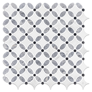 Pacific Gray Fleur with Pearl White and Black Dot Mosaic Polished - Elon Tile & Stone