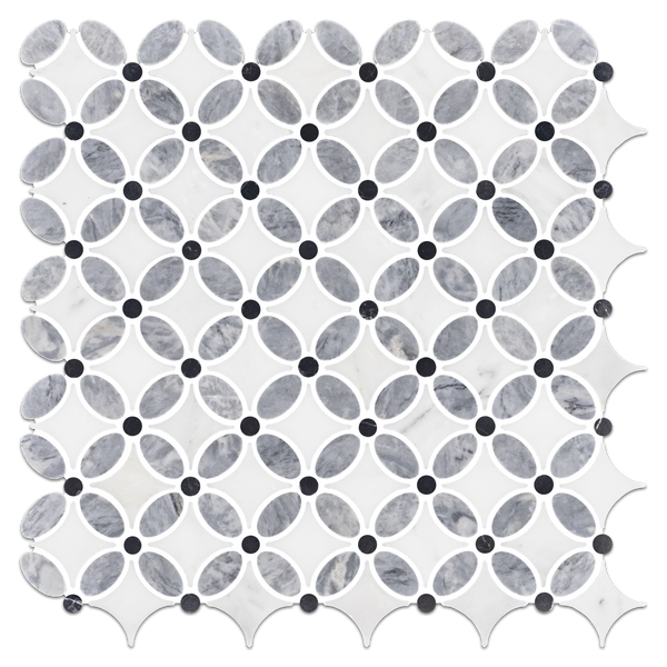 Pacific Gray Fleur with Pearl White and Black Dot Mosaic Polished - Elon Tile & Stone