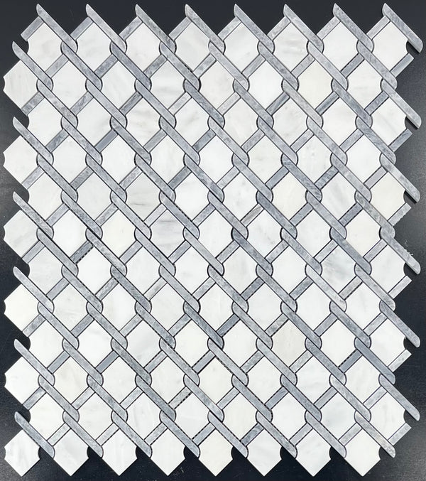 Pearl White Argyle with Pacific Gray Bar Mosaic Honed