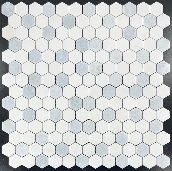 Mosaico hexagonal blanco Thassos y azul Celeste de 2" pulido