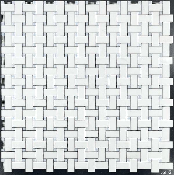 White Thassos Basketweave with 3/8" Blue Celeste Dot Mosaic Polished