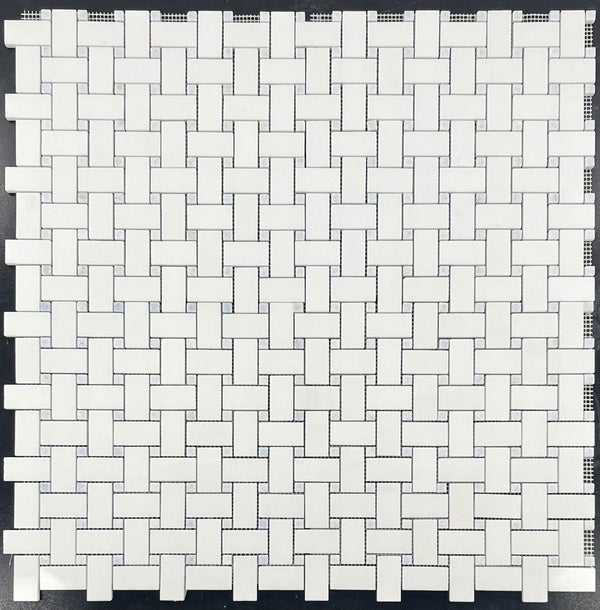 White Thassos Basketweave with 3/8" Blue Celeste Dot Mosaic Polished