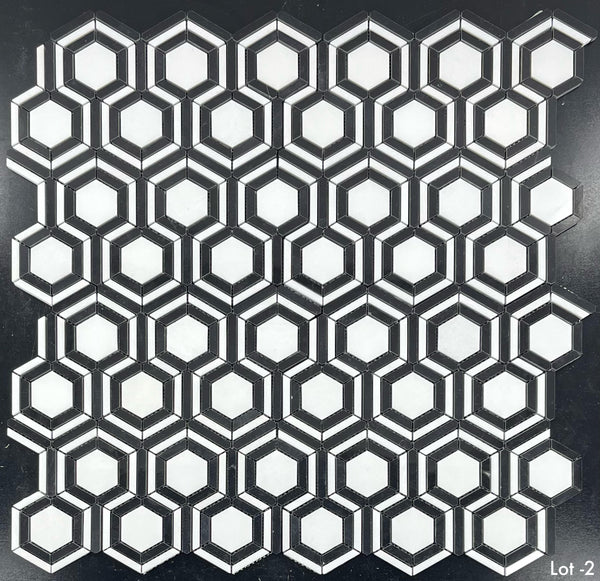 White Thassos Kaleidoscope with Black Mosaic Polished
