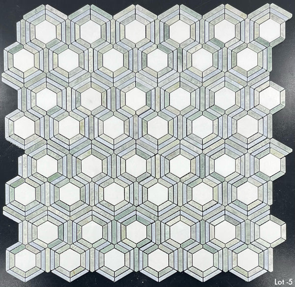 White Thassos Kaleidoscope with Blue Celeste and Ming Green Mosaic Polished