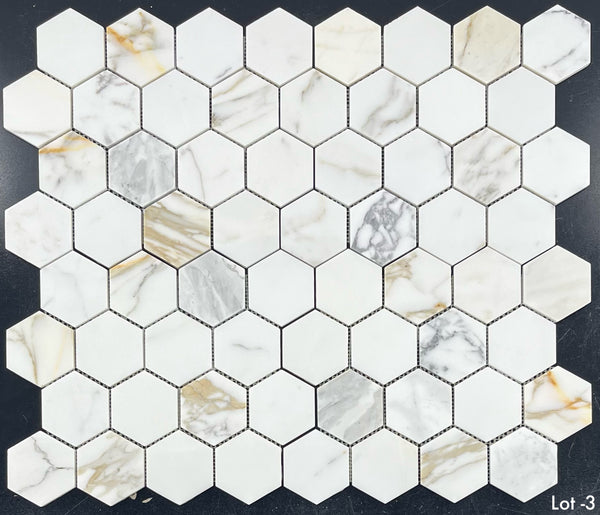 Calacatta Gold 3" Hexagon Mosaic Polished - Elon Tile & Stone