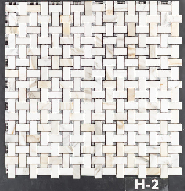 Calacatta Gold Basketweave with 3/8" Pacific Gray Dot Mosaic Honed