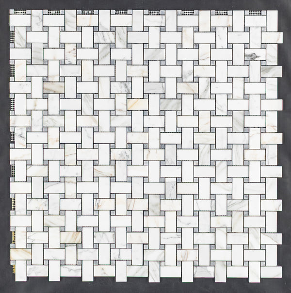 Calacatta Gold Basketweave with 3/8" Pacific Gray Dot Mosaic Honed
