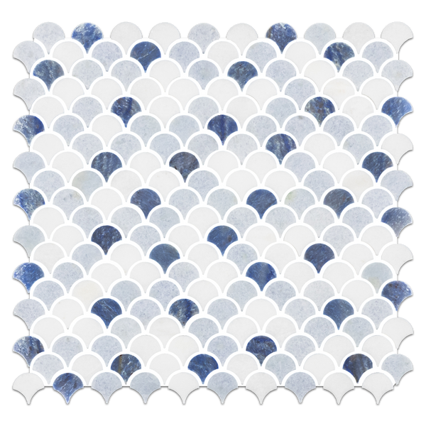 Abanico Tri-Blend (Azul Celeste, Azul Macauba y White Thassos) Mosaico Pulido