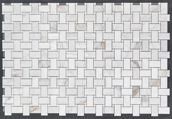 Bianco Oro Extra Large Basketweave with 5/8" White Thassos Dot Mosaic Honed