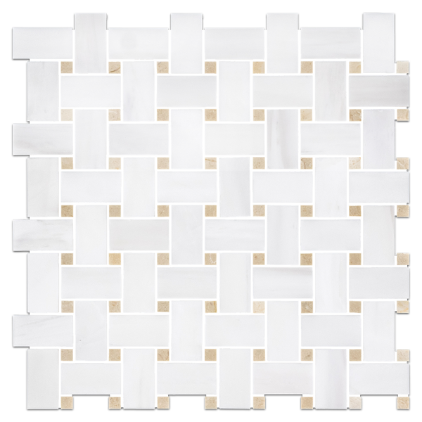 Dolomite Basketweave with 3/8" Crema Marfil Dot Mosaic Honed