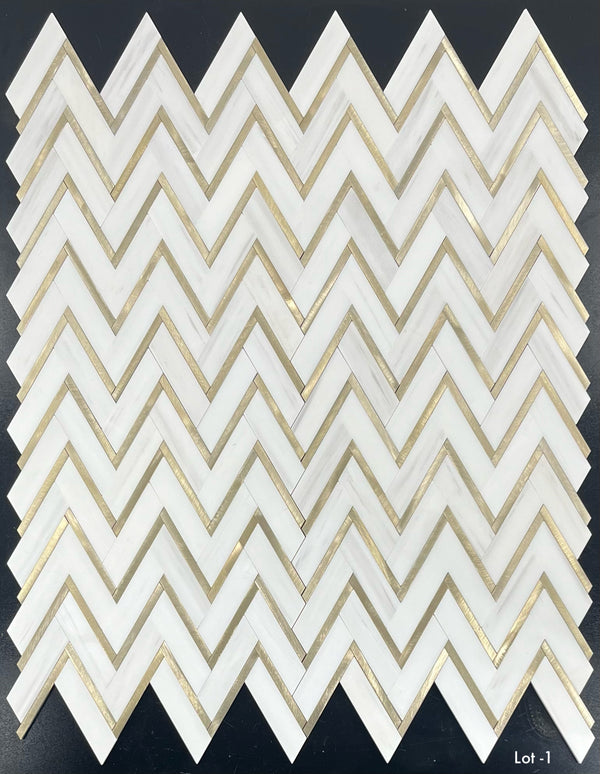 Dolomite Herringbone with Gold Aluminum Mosaic Honed