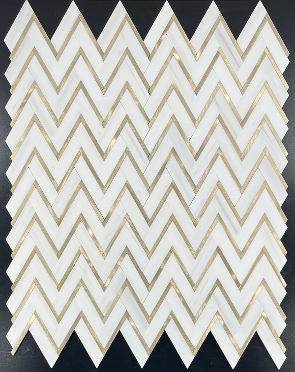 Dolomite Herringbone with Gold Aluminum Mosaic Honed