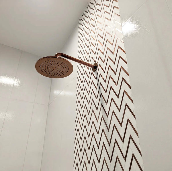 Dolomite Herringbone with Copper Rose Aluminum Mosaic Honed