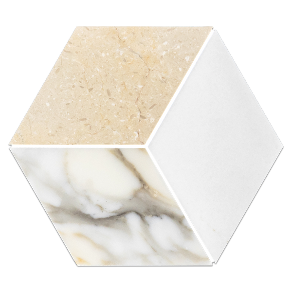Mosaico Calacatta Gold, Crema Marfil y Thassos Trillium blanco pulido