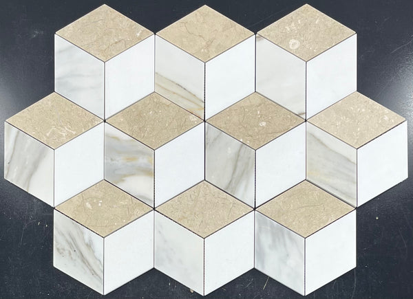 Mosaico Calacatta Gold, Crema Marfil y Thassos Trillium blanco pulido