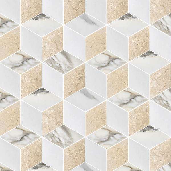 Mosaico Calacatta Gold, Crema Marfil y Thassos Trillium blanco pulido