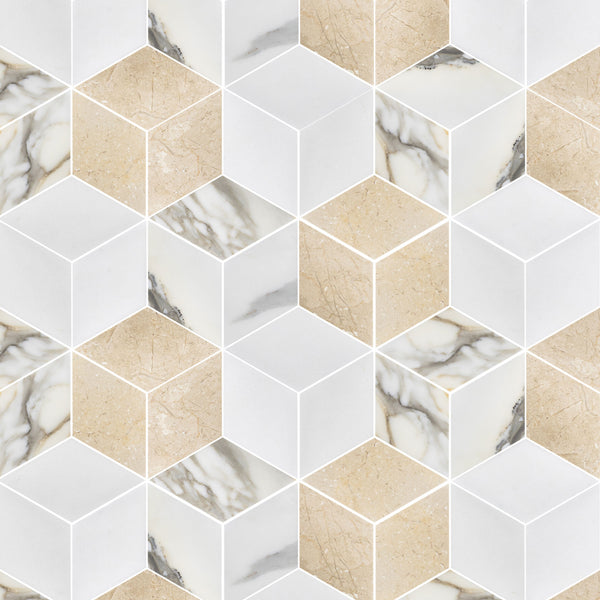 Mosaico Calacatta Gold, Crema Marfil y Thassos Trillium blanco pulido