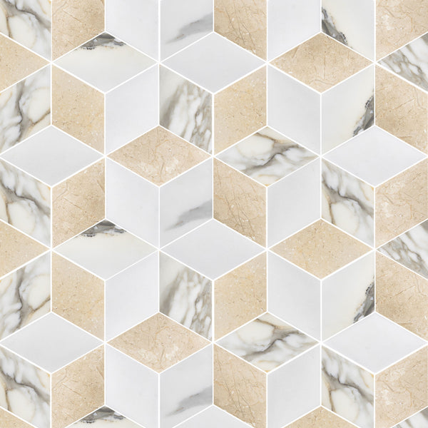 Mosaico Calacatta Gold, Crema Marfil y Thassos Trillium blanco pulido